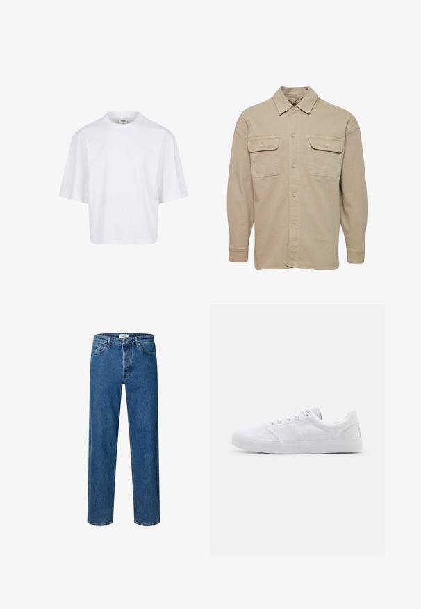 Beige skjorte med knapper lavet af bomuldsblanding, udstyret med spidse kraver, to brystlommer og lange ærmer med knapmanchetter.; Hvid t-shirt med korte ærmer, der har en rund halsudskæring og en afslappet pasform, lavet af et glat bomuldsblandingsstof. Ingen mønstre eller udsmykninger.; Blå straight-leg denim jeans med knap- og lynlåslukning, bæltestropper og fem-lomme-design.; Hvide lærreds sneakers med gummisål, der har seks snørehuller, en struktureret tåkap og et minimalistisk design.