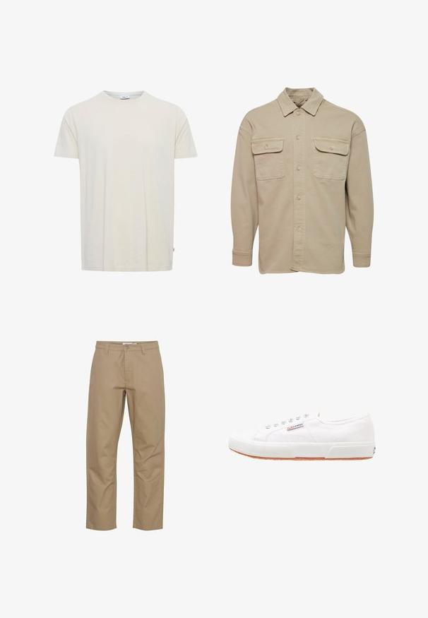Chemise beige à manches longues en mélange de coton, avec un col pointu, deux poches poitrine et des poignets à boutons.; T-shirt uni écru à manches courtes et col rond, avec une petite étiquette au col et une étiquette latérale à l'ourlet.; Pantalons en coton beige avec une coupe droite, présentant une fermeture éclair et un bouton à l'avant, des poches latérales et une finition soignée.; Baskets en toile blanches avec une semelle en caoutchouc, design à lacets et une petite étiquette logo sur le côté. Tige blanche texturée et semelle extérieure marron.
