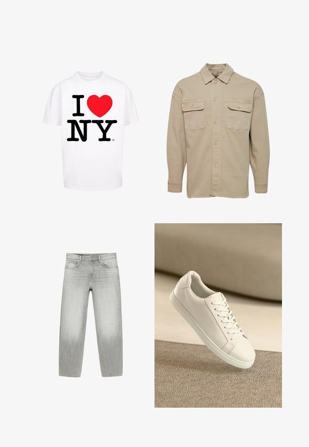 Chemise beige à manches longues en mélange de coton, avec un col pointu, deux poches poitrine et des poignets à boutons.; T-shirt en coton blanc à manches courtes avec un texte noir vif "I NY" et une forme de cœur rouge, design classique à encolure ras du cou.; Jean en denim gris clair, coupe droite, poches avant, passants pour ceinture, fermeture par bouton et fermeture éclair sur fond blanc.; Baskets en cuir blanc avec des lacets blancs, exposées sur une surface beige texturée et avec un arrière-plan flou doux.