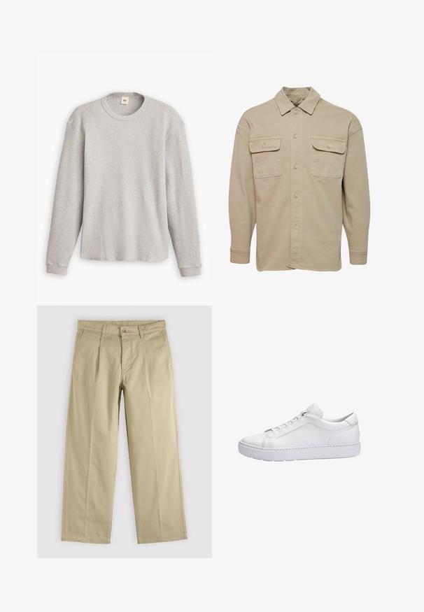 Beige overheadshirt van een katoenmix, met een puntige kraag, twee borstzakken en lange mouwen met knoopmanchetten.; Grijze lange mouwen trui van gebreid materiaal met een geribbeld patroon, ronde halslijn en rechte zoom. De manchetten zijn aansluitend en gemaakt van zachte stof.; Beige recht gesneden broek met plooien aan de voorkant, riemlussen, zijzakken en een knoopsluiting in de taille.; Witte lage leren sneaker met een dikke zool, vetersluiting en minimale stiksel details, zijaanzicht op een witte achtergrond.