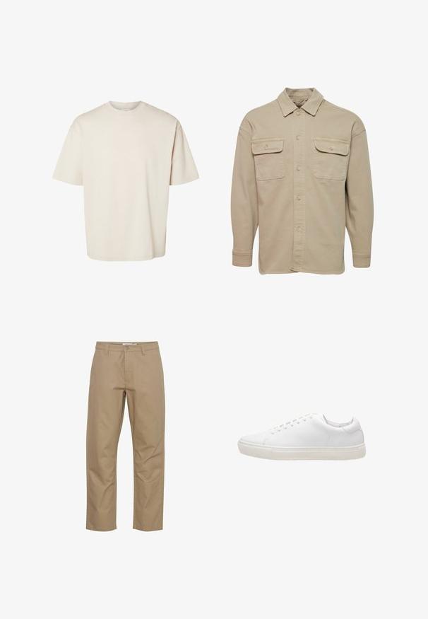 Beige Hemdblusenshirt aus Baumwollmischung mit spitzem Kragen, zwei Brusttaschen und langen Ärmeln mit geknöpften Manschetten.; Schlichtes beiges, kurzärmeliges, übergroß geschnittenes Baumwoll-T-Shirt mit Rundhalsausschnitt, flach auf weißem Hintergrund präsentiert.; Beige Baumwollhose mit geradem Bein, ausgestattet mit einem vorderen Knopf- und Reißverschluss, Seitentaschen und einem sauberen Finish.; Weiße Leder-Sneaker mit glatter Textur, runder Zehenpartie, Schnürverschluss und flacher Gummisohle. Minimalistisches Design ohne sichtbare Muster.