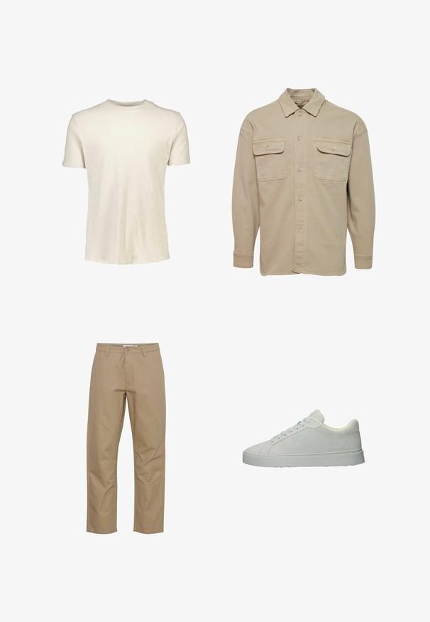 Beige Hemdblusenshirt aus Baumwollmischung mit spitzem Kragen, zwei Brusttaschen und langen Ärmeln mit geknöpften Manschetten.; Kurzarmpullover in hellbeige, aus weicher Baumwolle gefertigt. Verfügt über einen Rundhalsausschnitt und eine glatte Textur ohne Muster oder Grafiken.; Beige Baumwollhose mit geradem Bein, ausgestattet mit einem vorderen Knopf- und Reißverschluss, Seitentaschen und einem sauberen Finish.; Weißer Sneaker aus Wildleder mit niedrigem Schaft, Schnürverschluss und dicker Gummisohle, von der Seite auf weißem Hintergrund betrachtet.