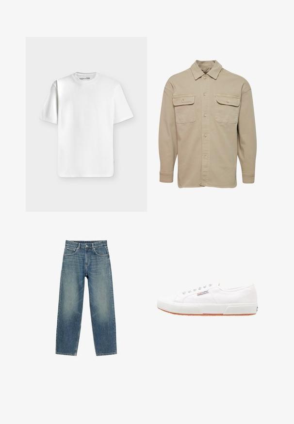 Chemise beige à manches longues en mélange de coton, avec un col pointu, deux poches poitrine et des poignets à boutons.; T-shirt blanc uni à manches courtes et col rond, posé à plat sur un fond gris clair avec une petite étiquette de marque à l’intérieur du col.; Jean en denim bleu coupe droite avec poches avant, passants de ceinture et fermeture par bouton, présenté sur fond blanc.; Baskets en toile blanches avec une semelle en caoutchouc, design à lacets et une petite étiquette logo sur le côté. Tige blanche texturée et semelle extérieure marron.