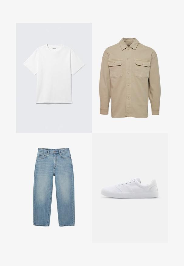 Chemise beige à manches longues en mélange de coton, avec un col pointu, deux poches poitrine et des poignets à boutons.; T-shirt blanc à manches courtes et col rond, étalé à plat, design uni, avec l'étiquette "WEEKDAY" à l'intérieur du col sur un fond clair.; Jean en denim bleu clair à jambes droites avec bouton à l'avant, fermeture éclair et design à cinq poches sur fond blanc.; Baskets en toile blanches avec une semelle en caoutchouc, dotées de six œillets, d'un embout texturé et d'un design minimaliste.
