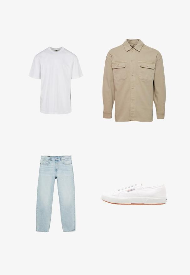 Chemise beige à manches longues en mélange de coton, avec un col pointu, deux poches poitrine et des poignets à boutons.; T-shirt blanc uni à manches courtes avec col rond et coupe décontractée, présenté sur fond blanc.; Jean en denim bleu clair avec coupe droite, fermeture à bouton et zip devant, et design à cinq poches.; Baskets en toile blanches avec une semelle en caoutchouc, design à lacets et une petite étiquette logo sur le côté. Tige blanche texturée et semelle extérieure marron.