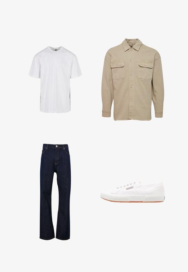 Chemise beige à manches longues en mélange de coton, avec un col pointu, deux poches poitrine et des poignets à boutons.; T-shirt blanc uni à manches courtes avec col rond et coupe décontractée, présenté sur fond blanc.; Jean denim bleu foncé à coupe droite avec bouton à l’avant, braguette zippée, passants pour ceinture et poches avant.; Baskets en toile blanches avec une semelle en caoutchouc, design à lacets et une petite étiquette logo sur le côté. Tige blanche texturée et semelle extérieure marron.