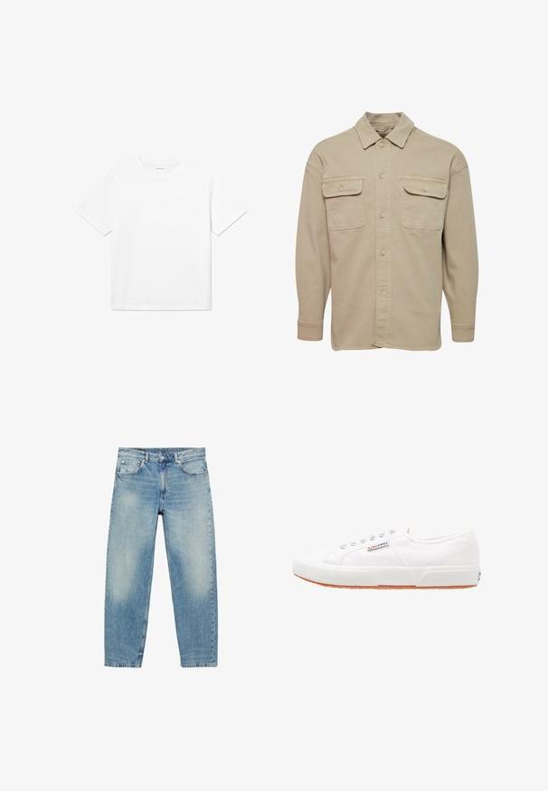 Beige Hemdblusenshirt aus Baumwollmischung mit spitzem Kragen, zwei Brusttaschen und langen Ärmeln mit geknöpften Manschetten.; Weißes Baumwoll-T-Shirt mit kurzen Ärmeln, rundem Halsausschnitt und geradem Saum. Glatte Textur ohne sichtbare Muster oder Akzente.; Blue Jeans mit geradem Bein, vorderen Taschen und Gürtelschlaufen, die leichte Verblassungen an Oberschenkeln und Knien zeigen.; Weiße Leinensneaker mit Gummisohle, Schnürdesign und einem kleinen Logolabel an der Seite. Strukturierte weiße Oberseite und braune Außensohle.