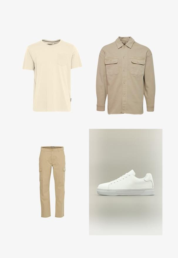 Camisa de botones beige hecha de una mezcla de algodón, con cuello recto, dos bolsillos en el pecho y mangas largas con puños abotonados.; Camiseta de algodón de color beige claro y de manga corta, con un cuello redondo y un pequeño bolsillo en el pecho izquierdo. Detalle texturizado en el cuello.; Pantalones cargo beige de algodón. Cuentan con bolsillos laterales, pasadores para cinturón y cierre de cremallera. Diseño de pierna recta, textura suave y sin estampados.; Zapatilla blanca de corte bajo con cierre de cordones, cuello acolchado y suela de goma texturizada, mostrada de perfil sobre un fondo neutro.