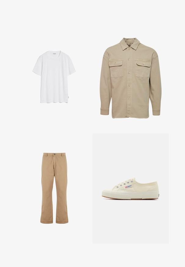 Beige overheadshirt van een katoenmix, met een puntige kraag, twee borstzakken en lange mouwen met knoopmanchetten.; Witte katoenen T-shirt met korte mouwen, een ronde halslijn en een rechte zoom. Geen zichtbare patronen of logo's. Zachte textuur.; Beige katoenen broek met een rechte snit, voorzien van een knoopsluiting, zijzakken en een gladde textuur.; Beige canvas sneaker met een laag profiel, metalen oogjes en rubberen zool. Beschikt over een textuurpatroon en logodetail aan de zijkant.