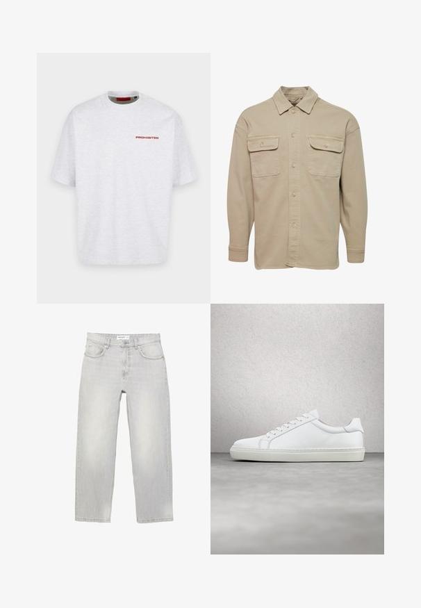 Chemise beige à manches longues en mélange de coton, avec un col pointu, deux poches poitrine et des poignets à boutons.; T-shirt blanc uni à col rond avec manches courtes et petit texte rouge « PROHIBITED » sur la partie supérieure gauche de la poitrine.; Jean en denim gris clair avec une coupe décontractée, doté de cinq poches, d'une ceinture standard et d'un léger délavage sur l'ensemble du tissu.; Sneaker blanche avec une tige en cuir lisse et un profil bas. Présente un bout arrondi, six œillets et une semelle en caoutchouc texturé.