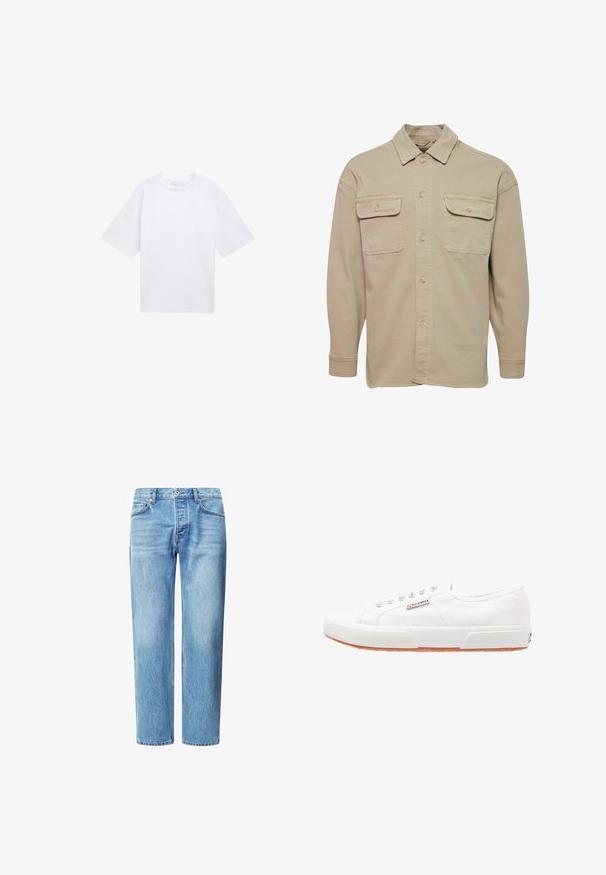 Camisa de botones beige hecha de una mezcla de algodón, con cuello recto, dos bolsillos en el pecho y mangas largas con puños abotonados.; Camiseta blanca de manga corta hecha de algodón. Corte relajado con cuello redondo. Textura suave y sin patrones o acentos visibles.; Jeans de denim azul claro con corte recto, cinco bolsillos y un cierre clásico de botón y cremallera. Textura sutilmente desvanecida en todo su exterior.; Zapatillas de lona blancas con suela de goma, diseño de cordones y una pequeña etiqueta con el logo en el lateral. Parte superior texturizada blanca y suela marrón.