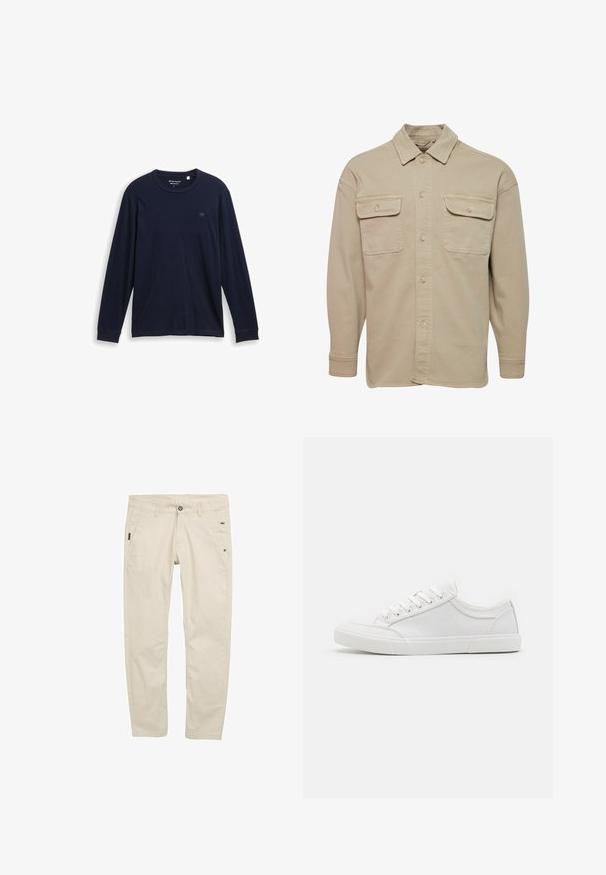 Beige skjorte med knapper lavet af bomuldsblanding, udstyret med spidse kraver, to brystlommer og lange ærmer med knapmanchetter.; Marine langærmet T-shirt lavet af blødt bomuld, med rund halsudskæring, syede kanter og et lille broderet logo på brystet.; Beige bomulds chinos med en lige ben design, der har sidelommer, en knaplukning og subtile tekstur detaljer.; Hvide sneakers med en glat læderoverdel, rund tå, flad gummisål og seks øjestik til snørebånd. Subtile syninger og minimalistisk design.