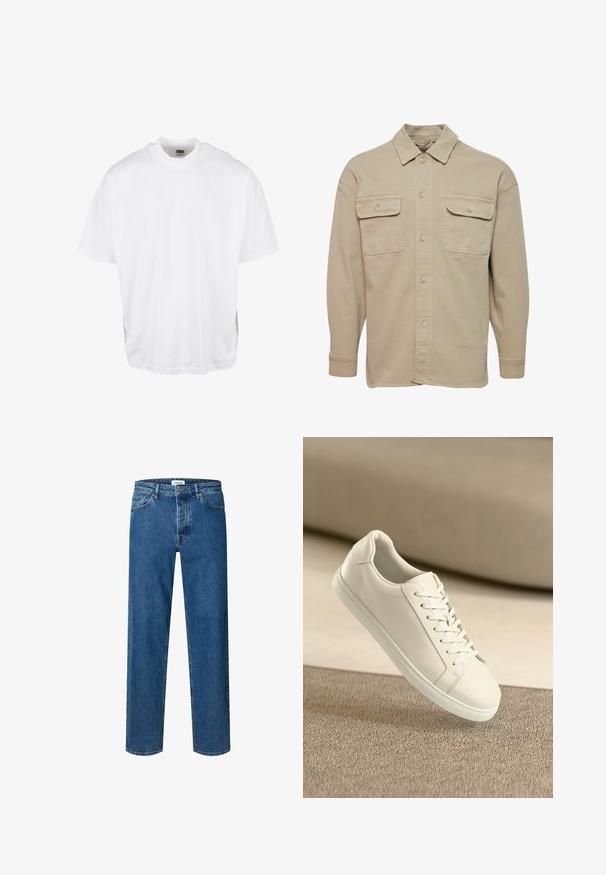 Beige overheadshirt van een katoenmix, met een puntige kraag, twee borstzakken en lange mouwen met knoopmanchetten.; Witte katoenen t-shirt met een relaxte pasvorm, korte mouwen en een ronde halslijn, met een rechte zoom en geen zichtbare grafische afbeeldingen of patronen.; Blauwe straight-leg denim jeans met knoop- en ritssluiting, ceintuurlussen en een vijfzakkenontwerp.; Witte leren sneaker met witte veters, weergegeven op een beige textuurovervlak en een zacht vervaagd achtergrond.