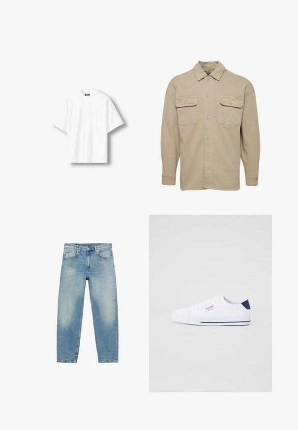 Beige overheadshirt van een katoenmix, met een puntige kraag, twee borstzakken en lange mouwen met knoopmanchetten.; Effen wit oversized T-shirt met korte mouwen en een ronde hals, met een zwart label aan de binnenkant van de achterkant van de kraag, getoond op een lichte achtergrond.; Jeans met rechte pijpen van blauwe denim, met voorzakken en riemlussen, met lichte vervaagde details op dijen en knieën.; Witte canvas sneakers met een marineblauwe hielaccent, platte rubberen zool, ronde neus en witte veters. Kenmerkt logo op de zijkant.