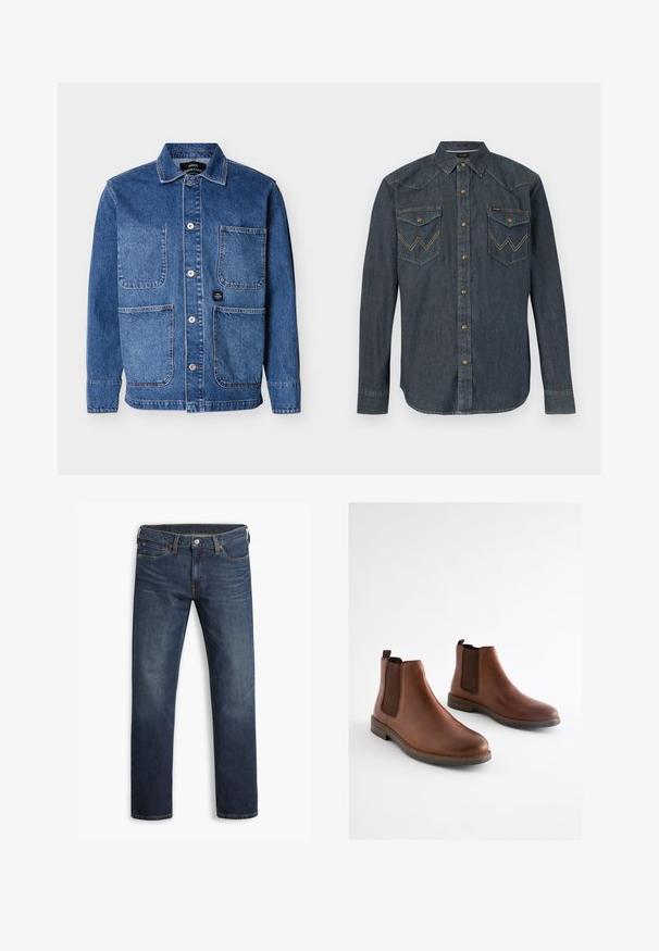 Blaue Jeansjacke mit Knopfleiste, vier aufgesetzten Taschen auf der Vorderseite und einem Kragen, präsentiert vor einem schlichten hellen Hintergrund.; Dunkelblaue Jeansbluse mit langen Ärmeln, Druckknöpfen, spitzem Kragen und zwei vorderen Klappentaschen mit gesticktem "W"-Design.; Dunkelblaue Herren-Jeans mit geradem Bein, fünf Taschen und Knopfverschluss, flach auf weißem Hintergrund gezeigt.; Braune Leder-Stiefeletten mit elastischen seitlichen Einsätzen, einer abgerundeten Spitze und einem gestapelten Absatz. Glatte Textur mit kontrastierenden braunen Akzenten.
