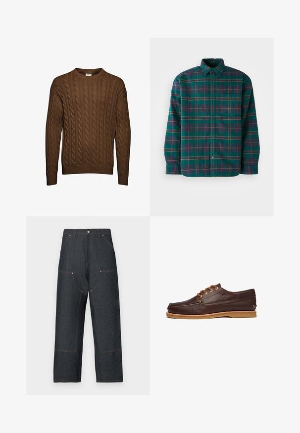 Grøn og marineblå ternet flannel skjorte med knaplukning, krave og single brystlomme. Har gule og burgunder accentstriber.; Brun kabelstrikket sweater med lange ærmer, ribbet manchetter og kant, samt rund halsudskæring, vist mod hvid baggrund.; Mørkeblå denimjeans med vid ben, der har kontrasterende orange syninger, forlommer og en klassisk knaplukning.; Brune lædersko med en tekstureret overflade, rund tå, snørebåndssystem med gyldne øjer og en lys brun gummisål.