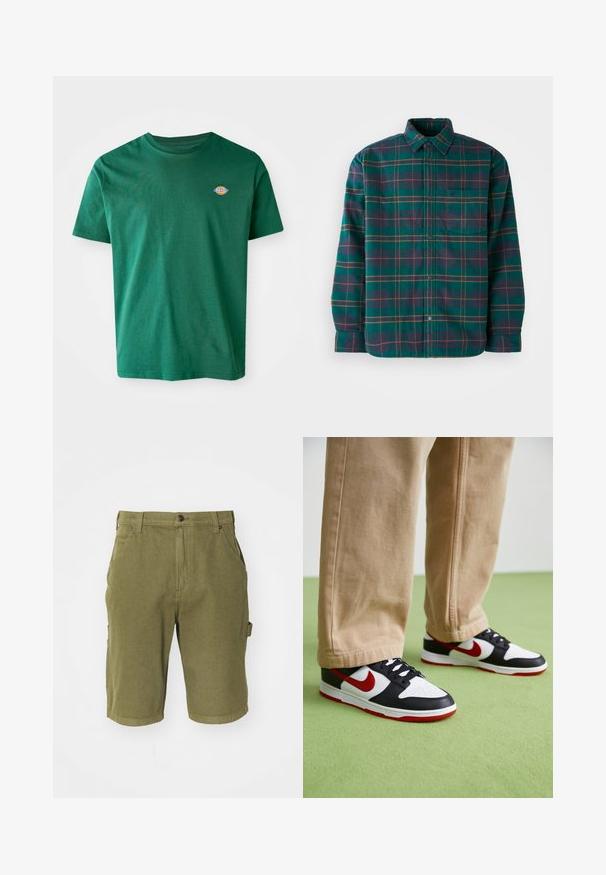 Camisa de franela a cuadros verdes y marinos con cierre de botones, cuello y un bolsillo en el pecho. Presenta rayas de acento en amarillo y burdeos.; Camiseta de algodón verde con cuello redondo, mangas cortas y un pequeño logotipo multicolor en el lado izquierdo del pecho. Textura suave, diseño casual.; Bermudas de algodón verde oliva con cierre de botón, trabillas para cinturón, bolsillos laterales y un acabado de tela ligeramente texturizado.; Las zapatillas Nike Dunk presentan un diseño de cuero negro con acentos rojos y un swoosh blanco. La suela es roja, con una puntera blanca texturizada.