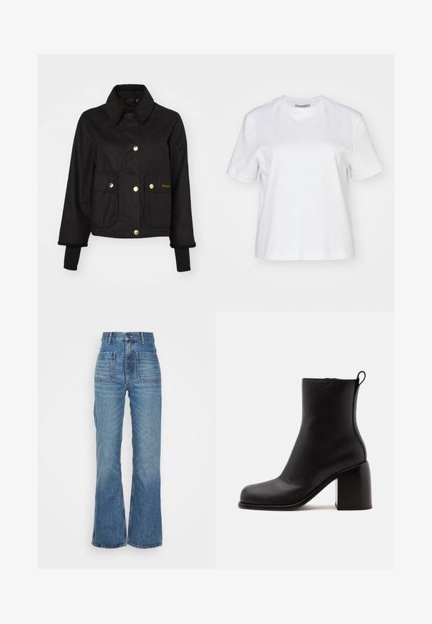 Schwarze, kurze Jacke aus Stoff mit einem Cordkragen, goldenen Druckknöpfen und zwei Fronttaschen. Mit gerippten Strickbündchen.; AllSaints LISA TEE - T-Shirt basic - white; Hoch taillierte blaue Jeans aus Denim mit weitem Bein, zwei Fronttaschen und zwei Gesäßtaschen; strukturiert mit einem ausgewaschenen Look.; Schwarzer Leder-Stiefelette mit abgerundeter Spitze, Blockabsatz und Zuglasche hinten, von der Seite auf schlichtem Hintergrund gezeigt.