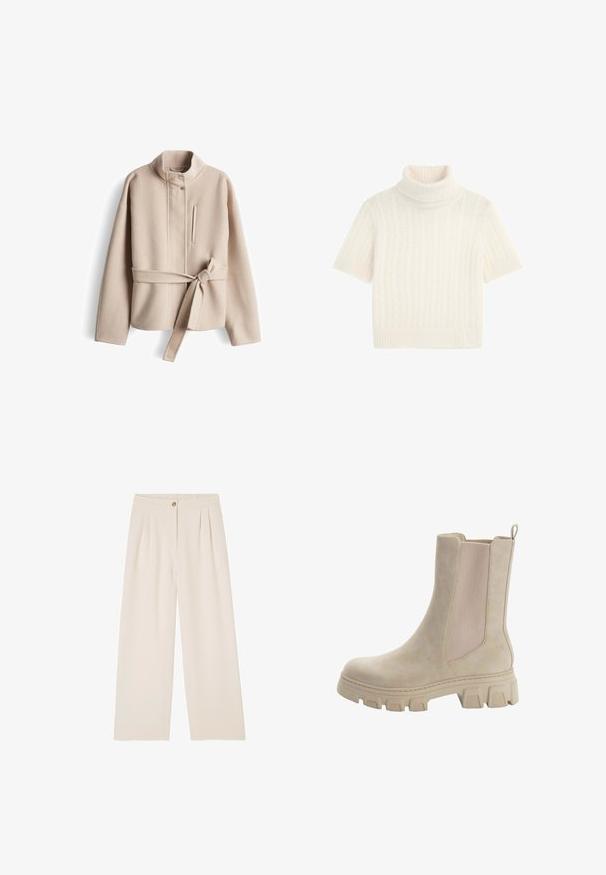 Veste en polaire beige avec col haut, fermeture avant par boutons, poche horizontale et ceinture à nouer à la taille. Texture douce et coupe décontractée.; Pull blanc à manches courtes en tricot torsadé avec un col montant haut et un ourlet côtelé.; Pantalons beige à jambes larges avec une texture douce, présentant une fermeture à bouton à l'avant, des plis à la taille et une ceinture arrière élastiquée.; Bottines Chelsea beiges avec un cuir lisse et des panneaux latéraux élastiques. Semelle en caoutchouc épaisse et robuste avec un motif de traction distinctif et une languette.