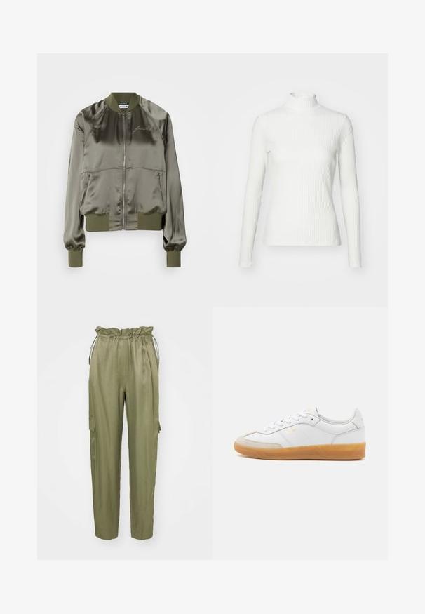 Chaqueta bomber verde oliva en material satinado, con cremallera frontal, puños y dobladillo acanalados, y con logotipo bordado en el pecho.; Top de cuello alto blanco con canalé y mangas largas, fabricado en una tela elástica. Presenta un diseño ajustado y un escote alto para mayor cobertura.; Pantalones cargo verde oliva con cintura elástica ajustable y piernas taperadas, además de un bolsillo lateral de parche. Tela suave con un acabado mate.; Zapatilla de cuero blanca con acentos de ante beige, suela de goma y diseño de cordones. Presenta un sutil logo en dorado.