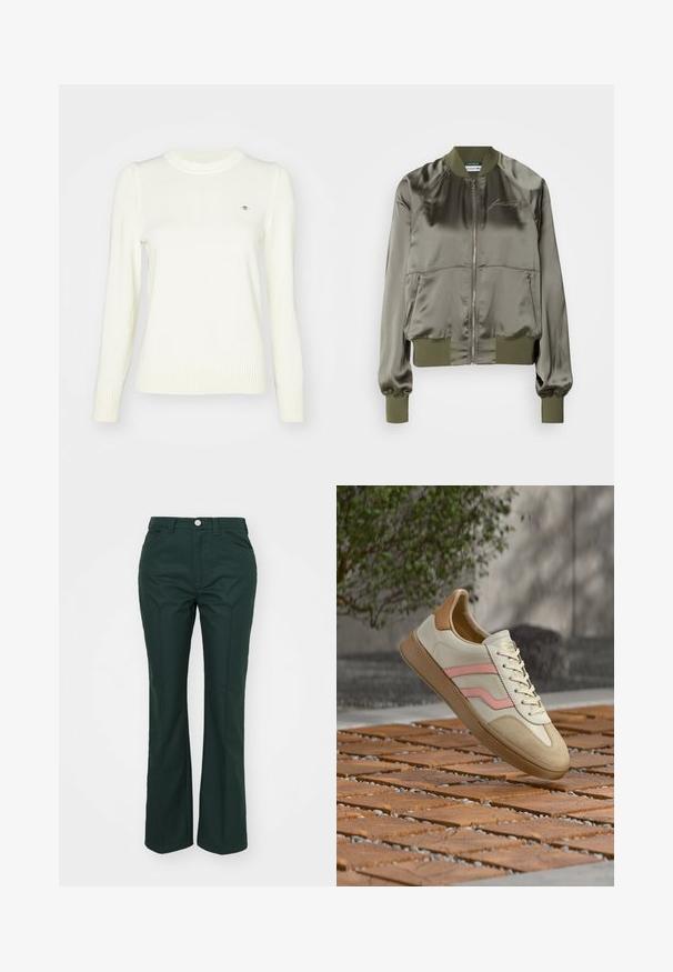 Chaqueta bomber verde oliva en material satinado, con cremallera frontal, puños y dobladillo acanalados, y con logotipo bordado en el pecho.; Suéter de color crema claro, textura de punto, cuello redondo, mangas largas, puños y dobladillo acanalados. Detalle sutil del logo en el pecho.; Pantalones verdes acampanados hechos de un tejido suave y estructurado. Cuenta con un cierre frontal con botón, cinturilla y dos bolsillos laterales.; Zapatilla blanca con detalles en rosa y beige, parte superior de cuero, suela de goma texturizada y diseño con cordones, exhibida sobre una superficie de madera.