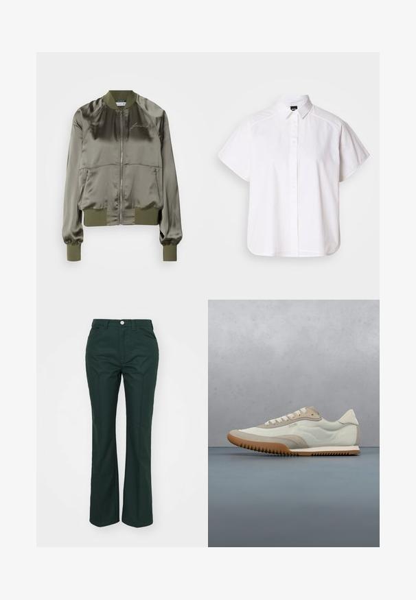 Veste bomber vert olive en satin, dotée d'une fermeture éclair à l'avant, de poignets et d'un ourlet côtelés, avec un logo brodé sur la poitrine.; Chemise blanche à manches courtes, à boutons, avec un col pointu et un ourlet arrondi. Fabriquée en coton, elle possède une texture lisse et sans motifs visibles.; Pantalons verts évasés en tissu lisse et structuré. Comprend une fermeture à bouton à l'avant, des passants de ceinture et deux poches latérales.; Sneakers blancs et beiges avec une tige lisse et des accents en daim, une semelle texturée et des coutures ton sur ton. Fermeture à lacets avec détail de logo.