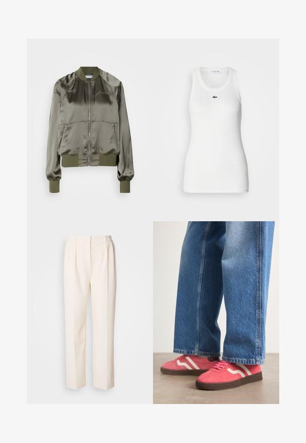 Chaqueta bomber verde oliva en material satinado, con cremallera frontal, puños y dobladillo acanalados, y con logotipo bordado en el pecho.; Camiseta sin mangas blanca con escote redondo y textura acanalada. Presenta un pequeño logo de cocodrilo verde de Lacoste en el pecho.; Lacoste Pantalones - lapland; Zapatillas de ante rosa con rayas blancas onduladas y suelas de goma marrón, combinadas con unos vaqueros de pierna ancha de color azul claro.