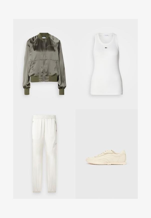 Veste bomber vert olive en satin, dotée d'une fermeture éclair à l'avant, de poignets et d'un ourlet côtelés, avec un logo brodé sur la poitrine.; Débardeur blanc sans manches avec un col rond et une texture côtelée. Présente un petit logo crocodile vert de Lacoste sur la poitrine.; Joggers crème clair avec taille élastique, finitions fuselées, poches latérales et accents zippés. Tissu lisse avec une finition légèrement brillante.; Baskets basses de couleur crème avec des coutures ondulées, une fermeture à lacets et une semelle crantée, vues de côté sur un fond uni.