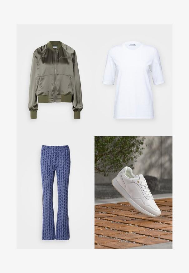 Veste bomber vert olive en satin, dotée d'une fermeture éclair à l'avant, de poignets et d'un ourlet côtelés, avec un logo brodé sur la poitrine.; T-shirt en coton blanc à manches courtes, col rond et logo brodé discret sur la poitrine. Texture lisse, coupe classique.; Pantalons évasés à motif bleu présentant un design géométrique, une taille élastique et des rayures blanches sur les côtés. Texture lisse sur toute la surface.; Baskets blanches avec lacets et inscriptions dorées flottant au-dessus d’une surface carrelée en bois à l'extérieur, près de la verdure et d’un mur en béton.