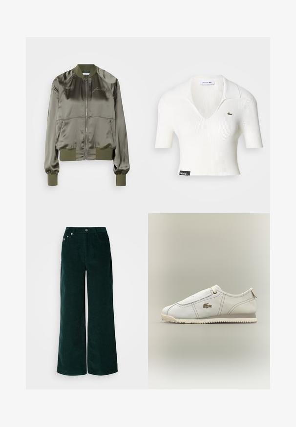 Chaqueta bomber verde oliva en material satinado, con cremallera frontal, puños y dobladillo acanalados, y con logotipo bordado en el pecho.; Camisa polo corta de rayas blanca con cuello en V, mangas cortas y un logo de cocodrilo verde de Lacoste en el lado izquierdo del pecho. Etiqueta negra en el dobladillo.; Pantalones de pana de pierna ancha en verde oscuro. Presentan una textura acanalada horizontal, bolsillos frontales y cierre con botones con detalles de marca.; Zapatilla blanca de corte bajo con suela beige, detalles cosidos, logo del cocodrilo de Lacoste en el lateral y cordones mínimos sobre un fondo liso.