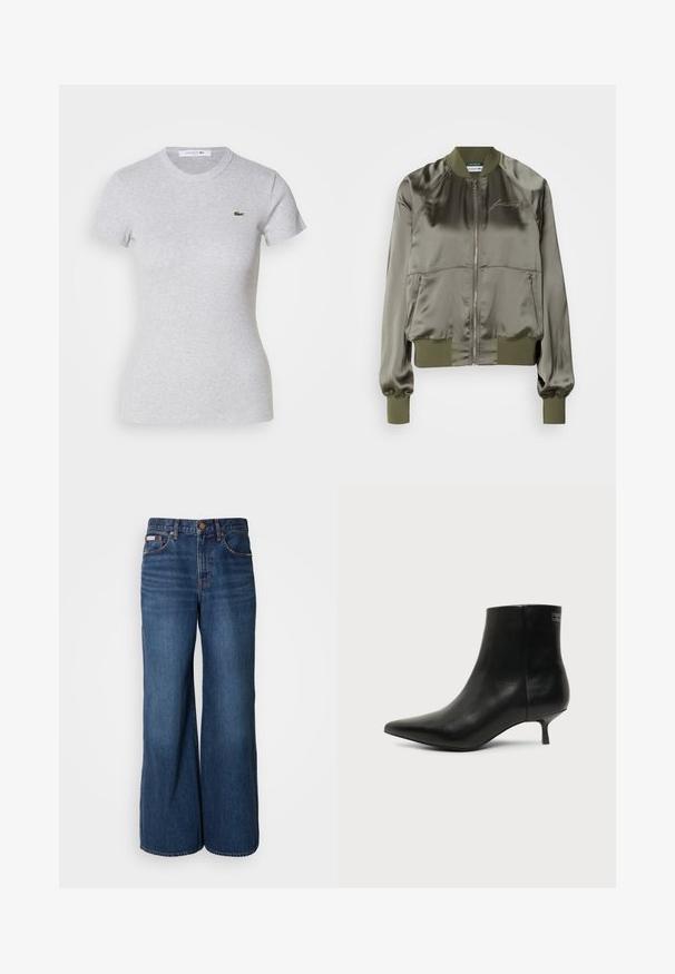 Chaqueta bomber verde oliva en material satinado, con cremallera frontal, puños y dobladillo acanalados, y con logotipo bordado en el pecho.; Camiseta ajustada de manga corta en gris claro con cuello redondo y un pequeño logotipo de cocodrilo verde de Lacoste en el lado izquierdo del pecho.; Vaqueros de pierna ancha hechos de denim azul oscuro. Incluyen una cintura alta, cinco bolsillos y costuras en contraste de color naranja a lo largo de las costuras.; Botín de piel negra con puntera puntiaguda y tacón bajo estilo kitten sobre fondo claro, mostrando vista lateral exterior.