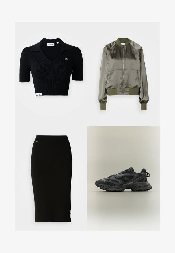Olijfgroene bomberjack van satijnmateriaal, met een rits aan de voorkant, ribben bij de manchetten en onderrand, en een geborduurd logo op de borst.; Zwarte cropped poloshirt van ribstof met een V-hals, korte mouwen en een groen geborduurd logo op de linkerborst. Witte label aan de zoom.; Zwarte geribbelde gebreide midi-rok met een nauwsluitende silhouet. Kleine Lacoste-logo detail op de tailleband, met een gladde textuur.; Zwarte sportieve schoen van mesh en synthetische materialen, ergonomisch ontwerp, gestructureerde zool en reflecterende accenten. Zijaanzicht met zichtbare veters.