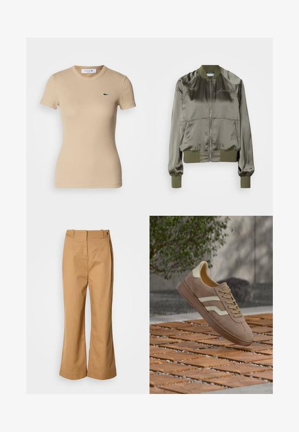 Olivgrüne Bomberjacke aus Satinmaterial, mit einem Frontreißverschluss, gerippten Bündchen und Saum sowie einem gestickten Logo auf der Brust.; Beige gerippte Baumwoll-T-Shirt mit kurzen Ärmeln, Rundhalsausschnitt, taillierter Form und einem kleinen grünen Lacoste-Logo auf der linken Brust.; Weit geschnittene Hose aus beigefarbenem Baumwollstoff, mit hohem Bund, zwei goldfarbenen Knöpfen und glatter Textur. Keine sichtbaren Muster oder Akzente.; Brauner Wildleder-Sneaker mit weißen Streifen und Schnürsenkeln, schwebt über einem Holzdielenboden im Freien mit Grünpflanzen und grauer Wand im Hintergrund.