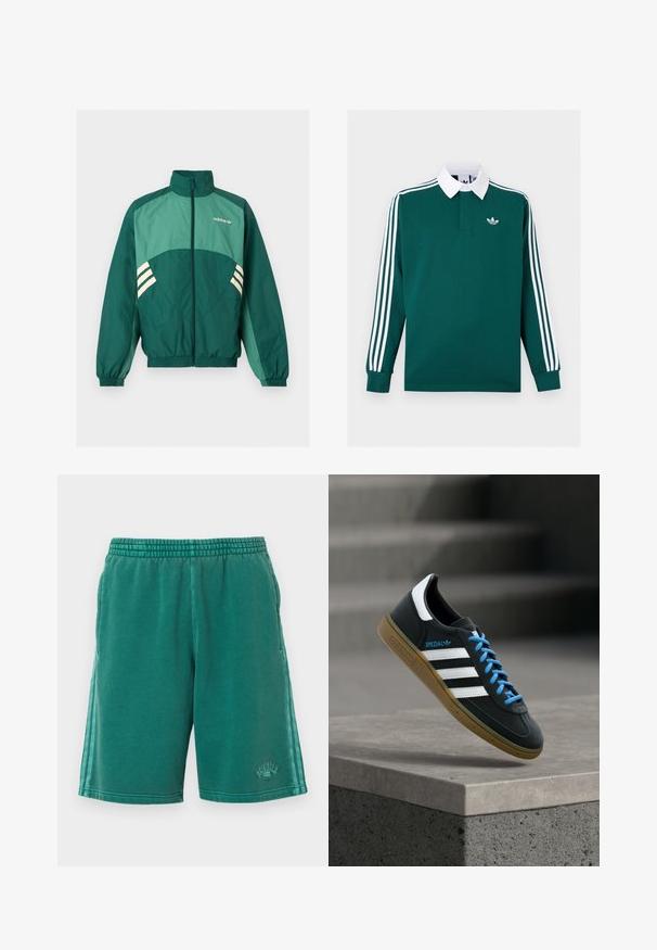 Zaļa Adidas sporta jaka ar priekšēju rāvējslēdzēju, augstu apkakli, elastīgām aprocēm un apakšu, gaiši zaļiem paneļiem un baltām svītrām sānos.; Tumši zaļa regbija krekls ar garām piedurknēm, baltu apkakli, trim baltām svītrām uz piedurknēm un mazu baltu Adidas logotipu uz krūtīm.; Zaļas kokvilnas šorti ar elastīgu jostasvietu, sānu kabatām un teksturētām detaļām. Kāju pusē ir smalks zīmola elements.; Melni Adidas sporta apavi ar baltām svītrām, zilām auklām un gumijas zolīti, kas peld virs pelēka betona pakāpiena maigā gaismā.
