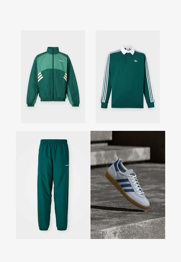 Grüne Adidas Trainingsjacke mit Frontreißverschluss, hohem Kragen, elastischen Bündchen und Saum, hellgrünen Einsätzen und weißen Streifen an den Seiten.; Dunkelgrünes Rugbyshirt mit langen Ärmeln, weißem Kragen, drei weißen Streifen an den Ärmeln und kleinem weißem Adidas-Logo auf der Brust.; Grüne Sporthosen aus leichtem Material, mit einem elastischen Bund, Seitentaschen und schwarzen Seitenstreifen. Adidas-Logo sichtbar.; Hellblauer Adidas Spezial Sneaker mit dunkelblauen Streifen und Gummisohle, in der Luft über Betontreppen in neutralem Außenbereich gezeigt.