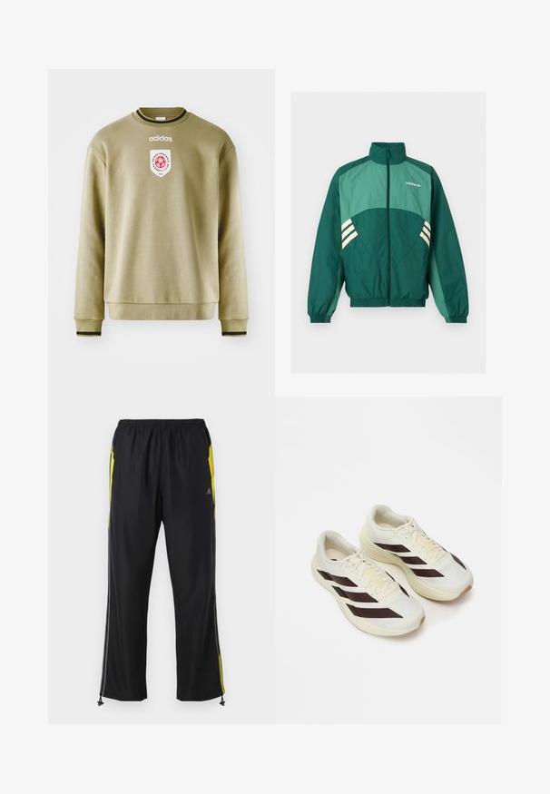 Zelená športová bunda Adidas s predným zipsom, vysokým golierom, elastickými manžetami a lemom, svetlozelenými panelmi a bielymi pruhmi po bokoch.; Olívovo zelená mikina s okrúhlym výstrihom, rebrovanými manžetami a lemom. Obsahuje vyšívané logo a nášivku s červenými akcentmi. Hladká textúra.; Čierne športové nohavice s žltými bočnými akcentmi, elastickým pásom a zipsovými bočnými vreckami. Vyrobené z ľahkej, hladkej tkaniny.; Svetlé krémové bežecké tenisky s tmavohnedými diagonálnymi pruhmi, textúrovaný vrch z sieťoviny a polstrovanú podrážku. Obsahujú žltú značku "ADIZERO".