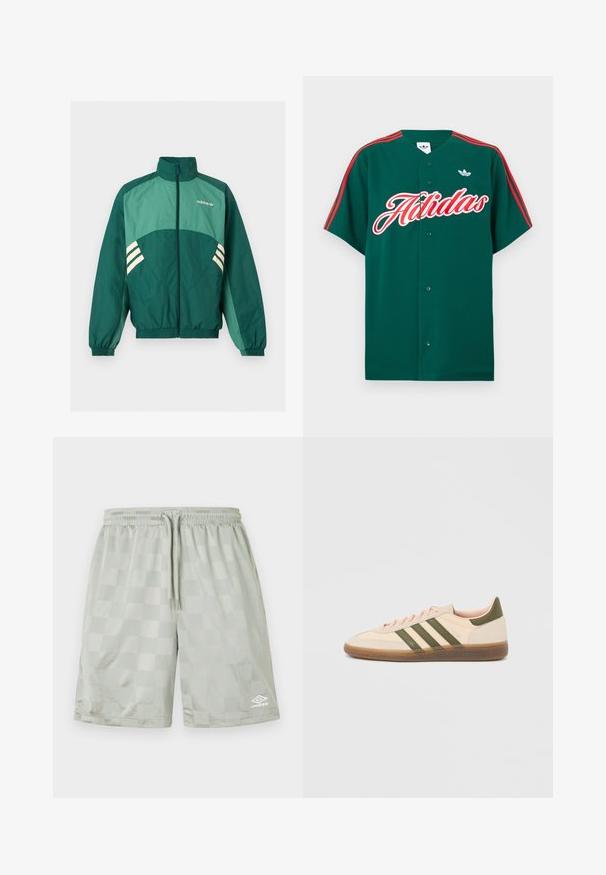 Veste de survêtement verte Adidas avec fermeture éclair à l'avant, col montant, poignets et ourlet élastiques, panneaux vert clair et bandes blanches sur les côtés.; Maillot vert à manches courtes avec boutons, présentant des rayures rouges sur les épaules, le texte "Adidas" brodé en blanc, et un petit logo sur le haut gauche.; Umbro FOOTBALL SHORT - Pantalon de survêtement - harbor mist; Baskets beige discrètes Adidas Spezial avec des bandes vertes, une semelle en caoutchouc et le logo "SPEZIAL" sur le côté, vues de l'extérieur.