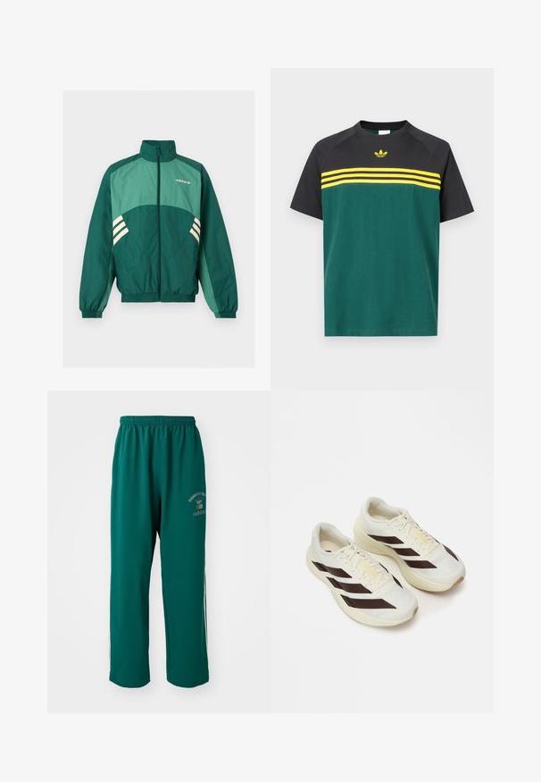 Zelená športová bunda Adidas s predným zipsom, vysokým golierom, elastickými manžetami a lemom, svetlozelenými panelmi a bielymi pruhmi po bokoch.; Tričko s krátkym rukávom zo zelenej a čiernej bavlny, s žltými horizontálnymi pruhmi a malým logom na hrudi. Zaoblený výstrih.; Zelené športové nohavice vyrobené z hladkej tkaniny, s elastickým pásom, potlačou loga na jednej strane a bielymi postrannými pruhmi. Štandardný strih.; Svetlé krémové bežecké tenisky s tmavohnedými diagonálnymi pruhmi, textúrovaný vrch z sieťoviny a polstrovanú podrážku. Obsahujú žltú značku "ADIZERO".