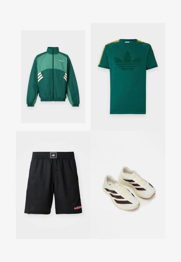 Groene Adidas trainingsjas met een rits aan de voorkant, hoge kraag, elastische manchetten en zoom, lichtgroene panelen en witte strepen aan de zijkanten.; Groen T-shirt met korte mouwen, voorzien van een donker groen Adidas trefoil-logo en gele strepen op de schouders, tegen een witte achtergrond.; Zwarte sportshorts gemaakt van gestructureerde, ademende stof. Heeft een elastische tailleband en een roze "adidas" logo aan de onderkant aan de rechterzijde.; Lichtgekleurde hardloopschoenen met donkerbruin diagonale strepen, een gestructureerde mesh bovenzijde en een geveerde zool. Bevat gele "ADIZERO" branding.