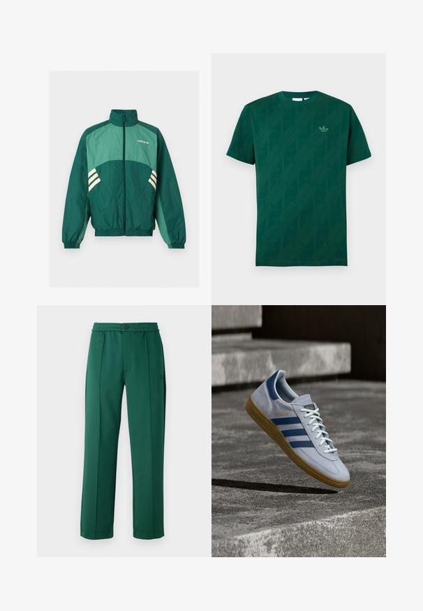 Groene Adidas trainingsjas met een rits aan de voorkant, hoge kraag, elastische manchetten en zoom, lichtgroene panelen en witte strepen aan de zijkanten.; Donkergroene T-shirt met korte mouwen en ronde hals, met subtiele diagonale Adidas Trefoil-logo's en een klein Trefoil-logo op de linkerborst.; Groene polyester broeken met een ontspannen pasvorm, elastische tailleband, voorplooien en een enkele knoopsluiting. Gladde textuur en recht model.; Lichtblauwe Adidas Spezial sneaker met marineblauwe strepen en rubberen zool, getoond in de lucht boven betonnen trappen in een neutrale buitenomgeving.
