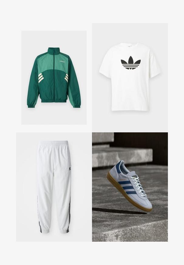 Roheline Adidas trennipluus esilukuga, kõrge kraega, elastsete varrukate ja äärega, heleroheliste paneelide ja valgete triipudega külgedel.; Valge puuvillane T-särk, millel on suur must Adidas trefoil logo ja kolm horisontaalset riba all. Lühikesed varrukad, ümmargune kaelus.; Valged sportlikud püksid mustade küljeribadega, elastne vöökoht ja sääreotsad; vasakul reiel Adidas logo. Sile kangatekstuur.; Helehall Adidas Spezial toss tumedasiniste triipude ja kummipõhjaga, kujutatud õhus betooniastmete kohal neutraalses välistingimustes.