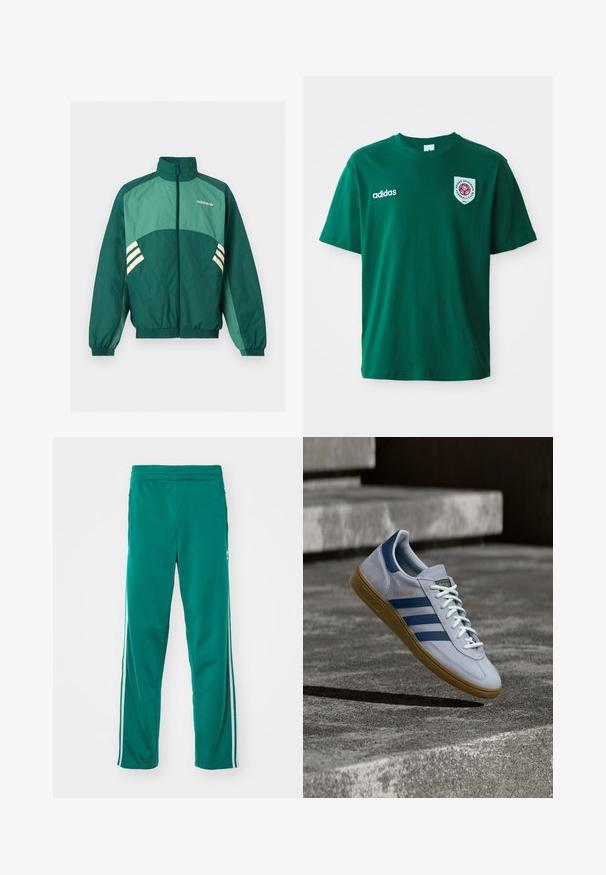 Grüne Adidas Trainingsjacke mit Frontreißverschluss, hohem Kragen, elastischen Bündchen und Saum, hellgrünen Einsätzen und weißen Streifen an den Seiten.; Grünes Baumwoll-T-Shirt mit Rundhalsausschnitt, kurzen Ärmeln, Adidas-Logo auf der linken Seite und einem runden Emblem mit rotem Design auf der rechten Seite.; Grüne Jogginghosen mit glatter Textur, ausgestattet mit einem weißen Seitenstreifen und einem elastischen Bund. Gerade Beinform.; Hellblauer Adidas Spezial Sneaker mit dunkelblauen Streifen und Gummisohle, in der Luft über Betontreppen in neutralem Außenbereich gezeigt.