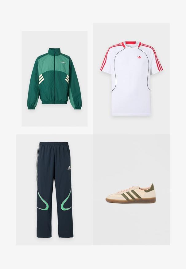 Πράσινο αθλητικό μπουφάν Adidas με φερμουάρ μπροστά, ψηλό γιακά, ελαστικές μανσέτες και τελείωμα, ανοιχτό πράσινα πάνελ και λευκές ρίγες στα πλαϊνά.; Λευκό κοντομάνικο αθλητικό μπλουζάκι με κόκκινες ρίγες στους ώμους και στα μανίκια, μαύρες λεπτομέρειες στο μπροστινό μέρος και κόκκινο λογότυπο Adidas trefoil στο στήθος.; Σκούρα μπλε παντελόνια αθλητικά από ελαφρύ ύφασμα, με λευκές ρίγες στα πλάγια και πράσινες καμπυλωτές λεπτομέρειες. Ελαστική μέση για άνεση.; Χαμηλού προφίλ μπεζ αθλητικό παπούτσι Adidas Spezial με πράσινες ρίγες, σόλα από καουτσούκ και την επωνυμία "SPEZIAL" στην πλευρά, εμφανίζεται από την εξωτερική πλευρά.