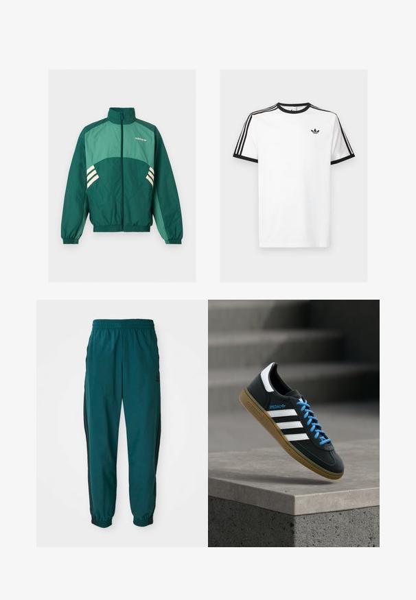 Groene Adidas trainingsjas met een rits aan de voorkant, hoge kraag, elastische manchetten en zoom, lichtgroene panelen en witte strepen aan de zijkanten.; Witte katoenen t-shirt met zwart geribde halslijn en mouwen, met drie zwarte strepen op elke schouder en een klein logo op de borst.; Teal sportbroek met een trekkoord in de taille, elastische boorden en zwarte zijstreep. Gemaakt van lichte stof en voorzien van een logo nabij de heup.; Zwarte Adidas-sneaker met witte strepen, blauwe veters en een gumzool die boven een grijze betonnen trede zweeft in zacht licht.
