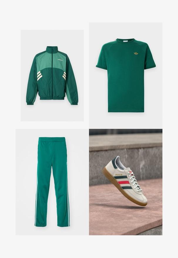 Groene Adidas trainingsjas met een rits aan de voorkant, hoge kraag, elastische manchetten en zoom, lichtgroene panelen en witte strepen aan de zijkanten.; Groen Adidas T-shirt met korte mouwen en ronde hals, goudkleurig trefoil-logo op de borst, en witte strepen met groene randen langs de schouders.; Groene trainingsbroek met een gladde textuur, voorzien van een witte zijstreep en een elastische tailleband. Rechtonder ontwerp.; Witte Adidas sneaker met groene en rode strepen, rubberen zool en "SPEZIAL" branding die boven een stenen bestrating zweeft.