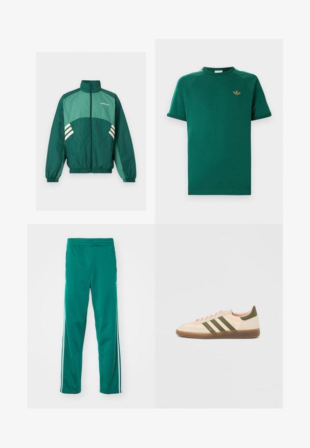 Groene Adidas trainingsjas met een rits aan de voorkant, hoge kraag, elastische manchetten en zoom, lichtgroene panelen en witte strepen aan de zijkanten.; Groen Adidas T-shirt met korte mouwen en ronde hals, goudkleurig trefoil-logo op de borst, en witte strepen met groene randen langs de schouders.; Groene trainingsbroek met een gladde textuur, voorzien van een witte zijstreep en een elastische tailleband. Rechtonder ontwerp.; Beige Adidas Spezial sneaker met een laag profiel, groene strepen, een gumkleurige zool en "SPEZIAL" branding aan de zijkant, gezien vanaf de buitenzijde.