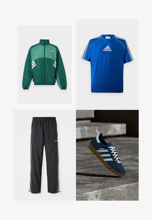 Zelená športová bunda Adidas s predným zipsom, vysokým golierom, elastickými manžetami a lemom, svetlozelenými panelmi a bielymi pruhmi po bokoch.; Modré športové tričko Adidas s bielym logom na hrudi, bielymi pruhmi na ramenách a neónovo žltým lemovaním na švových ramenách.; Čierne športové nohavice vyrobené z ľahkej látky, s bielymi bočnými pásmi, elastickým pásom a nastaviteľnými členkovými manžetami.; Modré tenisky Adidas Spezial s bielymi pruhmi a šnúrkami, gumovou podrážkou, plávajúce nad drsným betónovým povrchom a schodmi v pozadí.