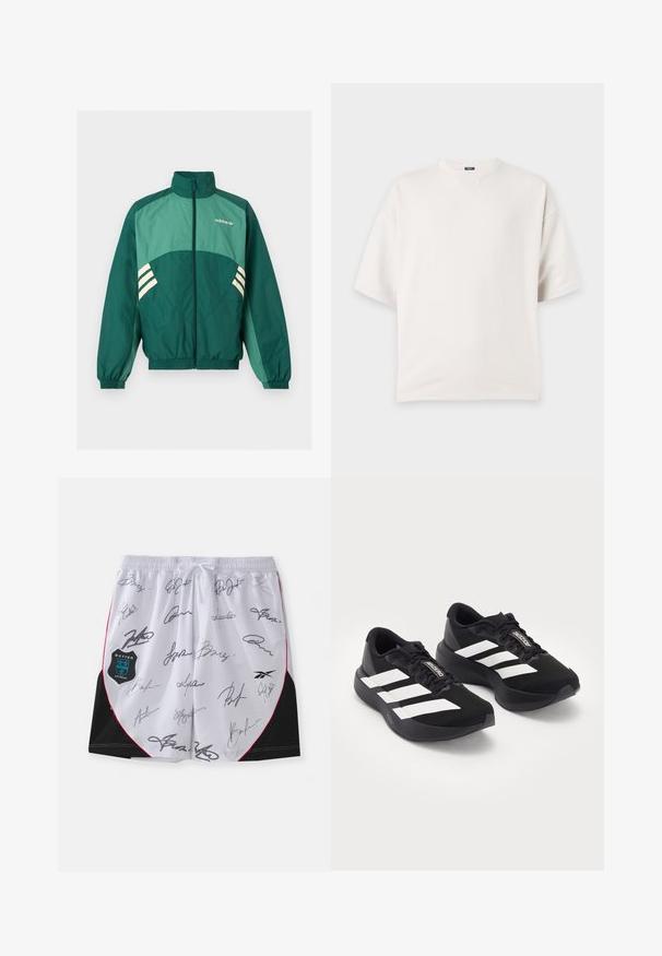 Roheline Adidas trennipluus esilukuga, kõrge kraega, elastsete varrukate ja äärega, heleroheliste paneelide ja valgete triipudega külgedel.; Lihtne valge lühikeste varrukatega ümara kaelusega särk, lõdva istuvusega ja väikese kolmnurkse õmbluse detailiga krae all.; Valged lühikesed püksid mustade aktsentide ja punase äärepitimisega, millel on mitu musta allkirja. Vasakul küljel on botter Antwerpeni logo.; Mustad jooksujalatsite paar valgete triipude ja "Adizero" logoga paelte peal, kuvatud lihtsal heledal taustal.