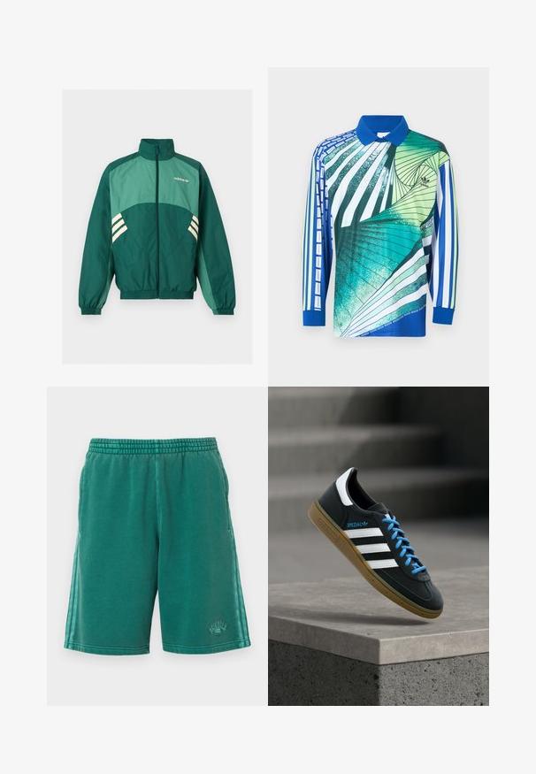 Πράσινο αθλητικό μπουφάν Adidas με φερμουάρ μπροστά, ψηλό γιακά, ελαστικές μανσέτες και τελείωμα, ανοιχτό πράσινα πάνελ και λευκές ρίγες στα πλαϊνά.; Μακρυμάνικη πόλο μπλούζα με μπλε γιακά, αφηρημένα μοτίβα σε σχήμα σπείρας και ρίγες σε πράσινο, πετρόλ, λευκό και μπλε χρώμα, με το λογότυπο της Adidas στο στήθος.; Πράσινο βαμβακερό σορτς με ελαστική μέση, πλαϊνές τσέπες και υφασμάτινες λεπτομέρειες. Διαθέτει διακριτικό λογότυπο κατά μήκος του ποδιού.; Μαύρο αθλητικό παπούτσι Adidas με λευκές ρίγες, μπλε κορδόνια και καουτσούκ σόλα να αιωρείται πάνω από γκρίζο τσιμεντένιο σκαλοπάτι σε απαλό φως.