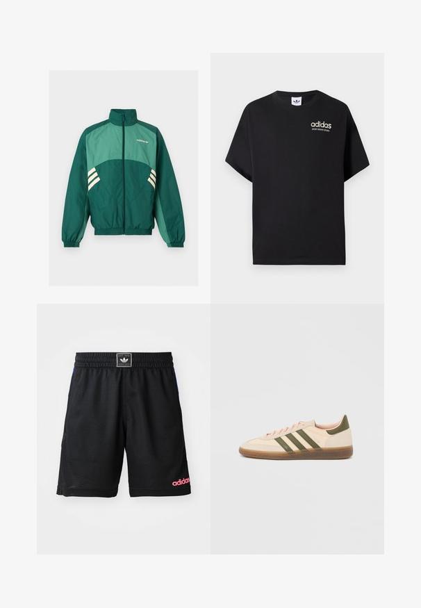 Groene Adidas trainingsjas met een rits aan de voorkant, hoge kraag, elastische manchetten en zoom, lichtgroene panelen en witte strepen aan de zijkanten.; Zwarte katoenen t-shirt met korte mouwen, met een ronde hals en een wit Adidas-logo met "SPORT DESIGN STUDIO" in goud. Soepele textuur.; Zwarte sportshorts gemaakt van gestructureerde, ademende stof. Heeft een elastische tailleband en een roze "adidas" logo aan de onderkant aan de rechterzijde.; Beige Adidas Spezial sneaker met een laag profiel, groene strepen, een gumkleurige zool en "SPEZIAL" branding aan de zijkant, gezien vanaf de buitenzijde.